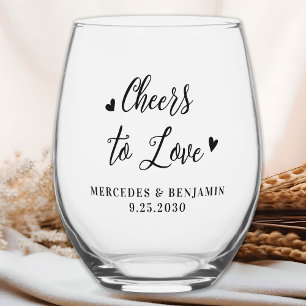 Cheers To Love Modern Elegant Hearts Wedding Favou Stemless Wine Glass