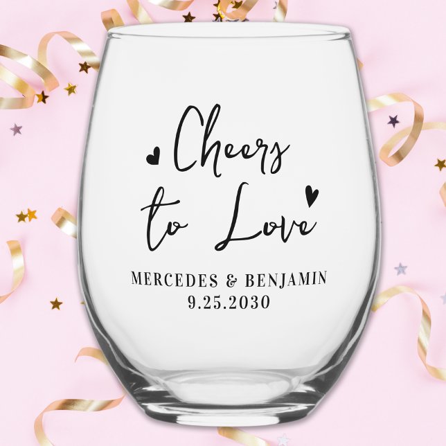 Cheers To Love Modern Minimal Chic Hearts Wedding Stemless Wine Glass (Creator Uploaded)