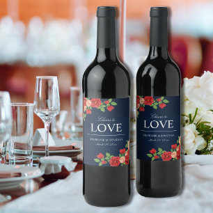 Cheers to Love Navy Blue Red Rose Elegant Wedding Wine Label