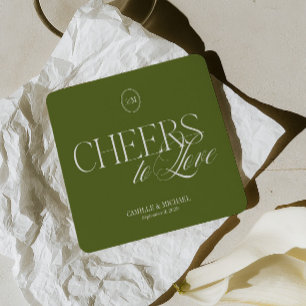 Cheers to Love Olive Green Wedding Square Paper Coaster