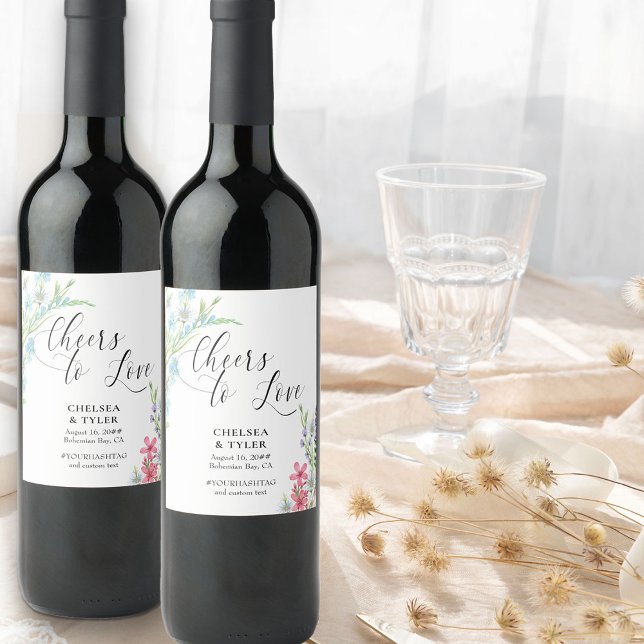 Cheers to Love Pastel Wildflower Meadow Wedding Wine Label (Cheers to Love wine labels from the Wildflower Meadow wedding collection by Darling & May)