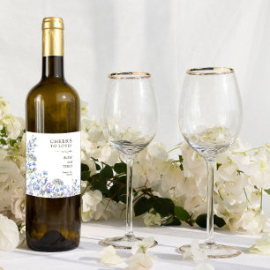 Cheers to Love Periwinkle Wildflower Wedding Wine Label
