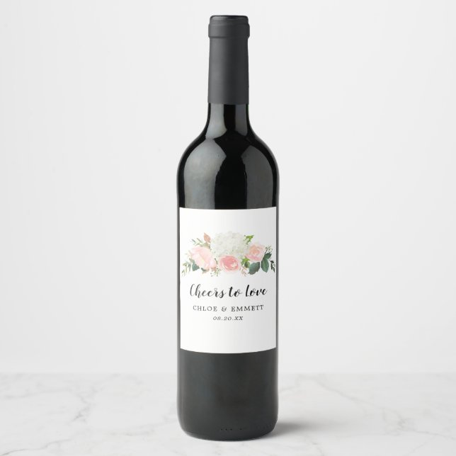 Cheers to Love Pink White Floral Wine Label (Front)