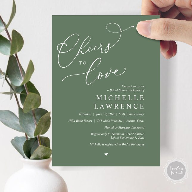 Cheers to love, Romantic Bridal Shower Party Invitation (Cheers to love, Romantic Bridal Shower Party Invitation Card, PDF, in Forest Sage Green)
