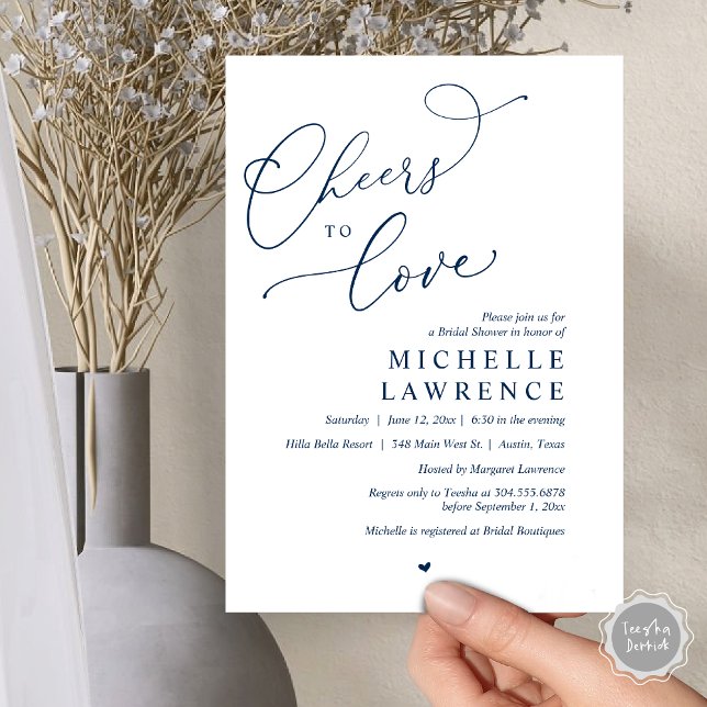 Cheers to love, Romantic Bridal Shower Party Invitation (Cheers to love, Romantic Bridal Shower Party Invitation Card, PDF, in Navy Blue)