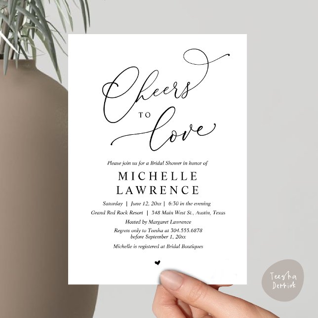 Cheers to love, Romantic Bridal Shower Party Invitation (Cheers to love, Romantic Bridal Shower Party Dinner Wine Cocktail Invitation Card, PDF, White Black)