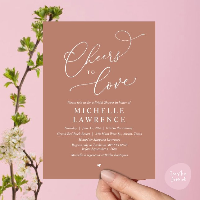 Cheers to love, Romantic Bridal Shower Party Invitation (Cheers to love, Romantic Bridal Shower Party Dinner Wine Cocktail Invitation Card, PDF, Earthy Brown)
