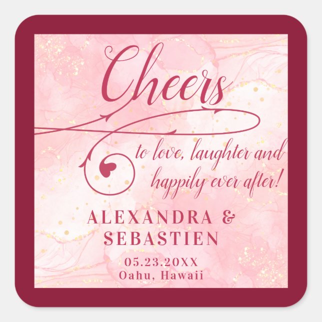 Cheers to Love Rose Gold Script Burgundy Wedding Square Sticker (Front)