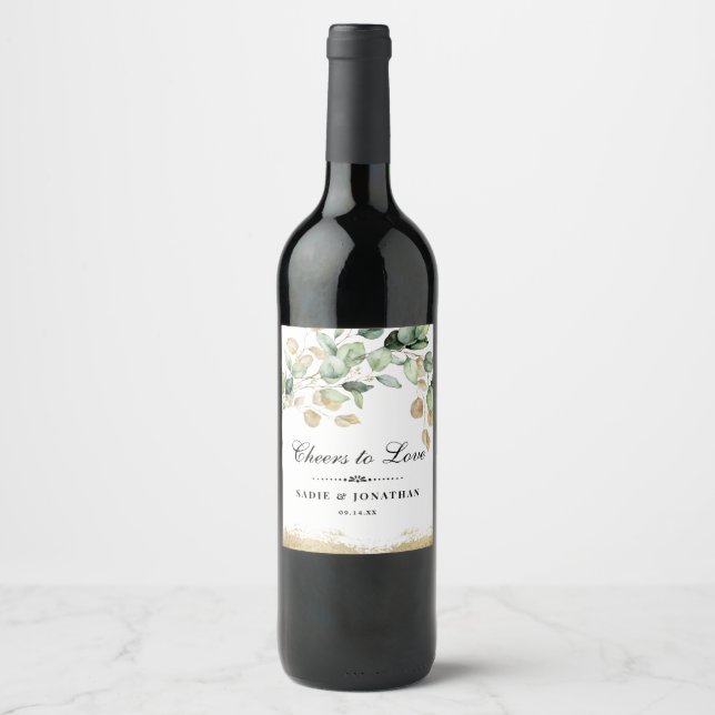 Cheers to Love Rustic Gold Botanical Wine Label (Front)