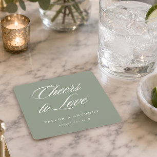 Cheers to Love Sage Green Simple Elegant Wedding Square Paper Coaster