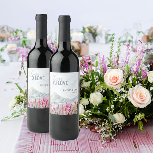 Cheers to Love Watercolor Mountain Wedding Wine Label