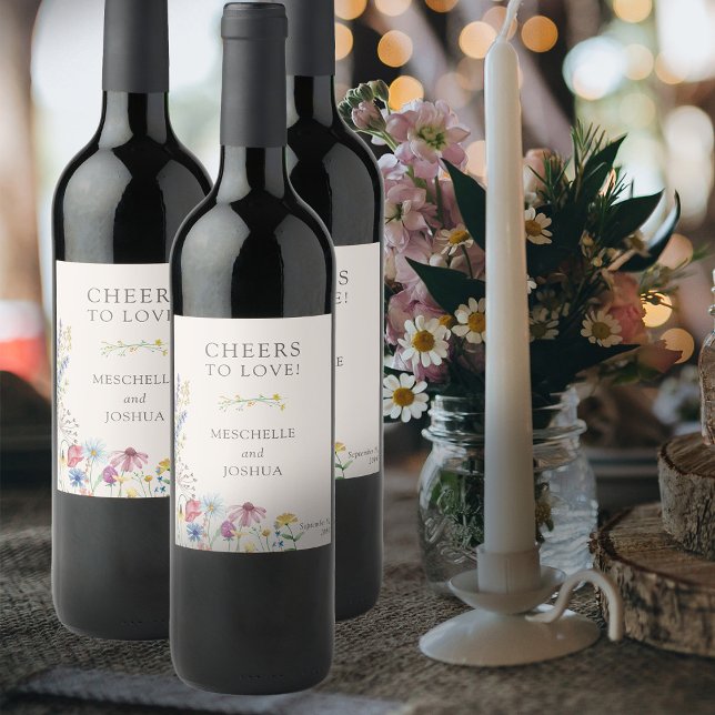 Cheers to Love Wildflower Wedding Floral Wine Label (Cheers to Love! Personalized wine bottle labels for your wedding reception, bridal shower ..)