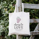 Cheers to Love Wine Country Wedding Favor Tote Bag<br><div class="desc">Festive and chic wedding favor or wedding welcome tote bags feature "cheers to love" in black vintage style block and script typography with an etched vintage style illustration of a cluster of purple-red grapes and hunter green leaves. Personalize with your names and wedding date beneath.</div>