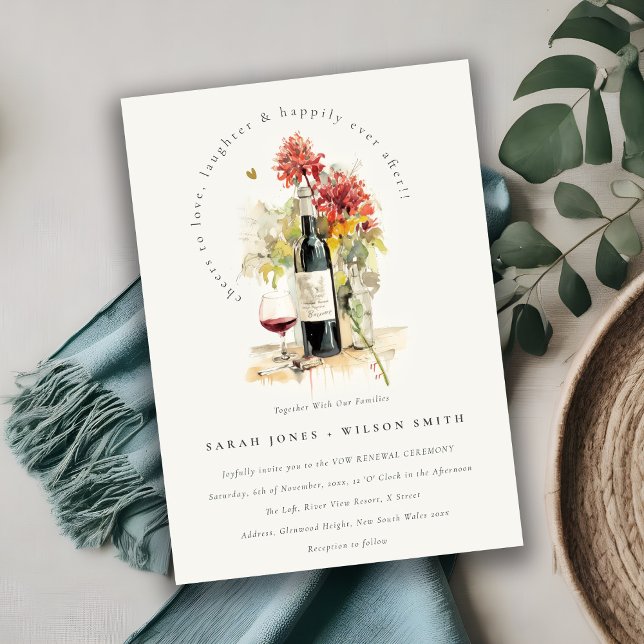 Cheers to Love Wine Red Yellow Floral Vow Renewal Invitation (Creator Uploaded)