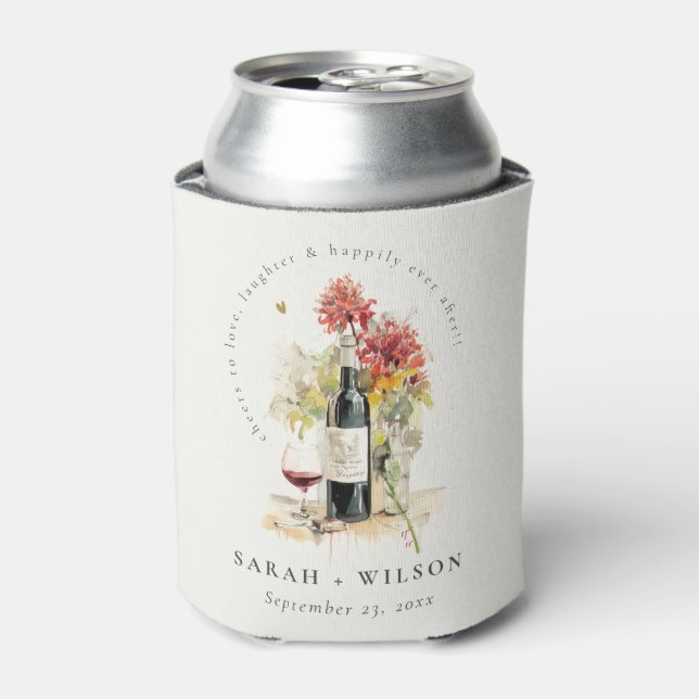 Cheers to Love Wine Red Yellow Floral Wedding Can Cooler (Can Front)