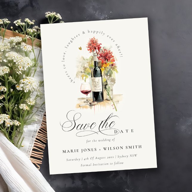 Cheers to Love Wine Red Yellow Floral Wedding Save The Date (Creator Uploaded)