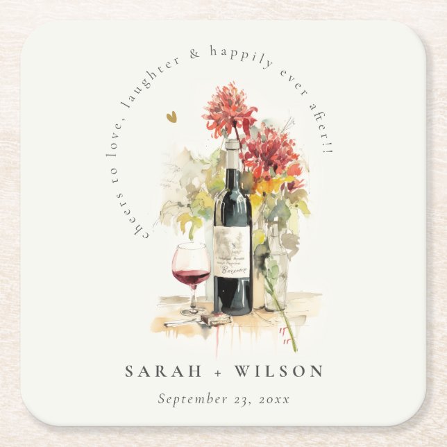 Cheers to Love Wine Red Yellow Floral Wedding Square Paper Coaster (Front)