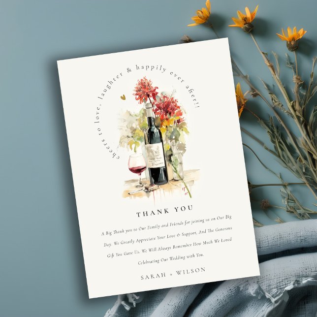 Cheers to Love Wine Red Yellow Floral Wedding Thank You Card (Creator Uploaded)