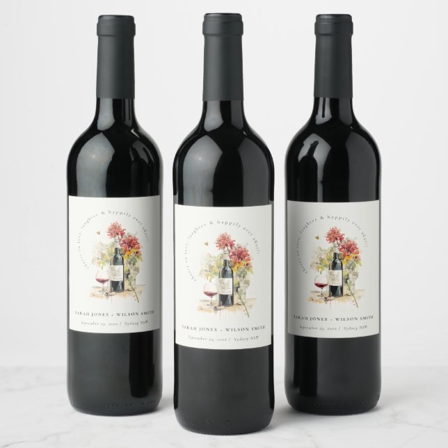 Cheers to Love Wine Red Yellow Floral Wedding Wine Label (Bottles)