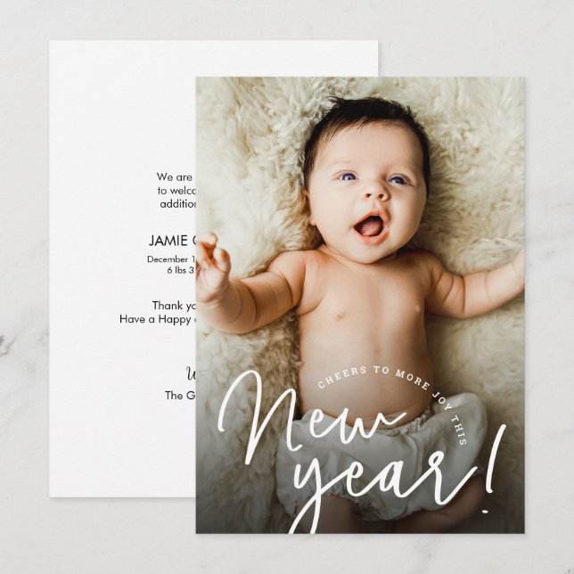 Cheers to more Joy this New Year baby photo birth  Holiday Card (Front/Back)