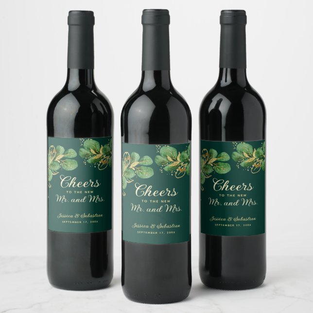 Cheers to Mr and Mrs Emerald Green & Gold Wedding Wine Label (Bottles)