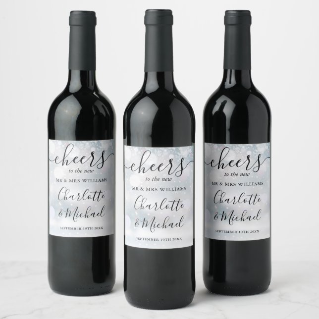 Cheers To Mr And Mrs Winter Snow Script Wedding Wine Label (Bottles)