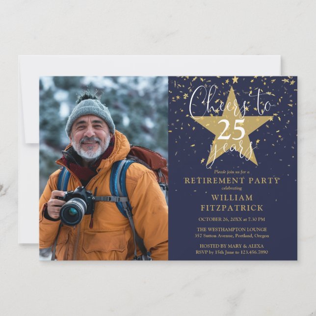 Cheers To Navy And Gold Photo Retirement Party Invitation (Front)