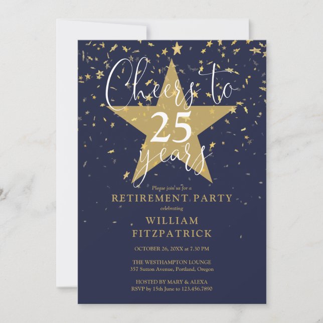 Cheers To Navy And Gold Stars Retirement Party Invitation (Front)