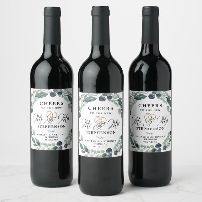 Cheers to New Mr and Mrs Greenery Wedding Wine Label (Bottles)