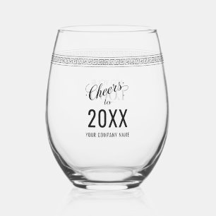 Cheers to New Year Business Logo Greek Meander Stemless Wine Glass