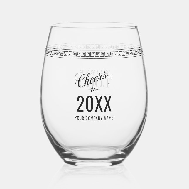 Cheers to New Year Business Logo Greek Meander Stemless Wine Glass (Front)