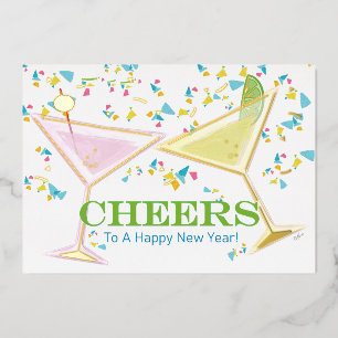 Cheers to New Year Cocktails with Back Photo Foil Holiday Card