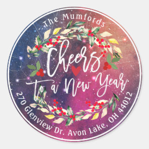 Cheers to New Year Merry Christmas Floral Address Classic Round Sticker