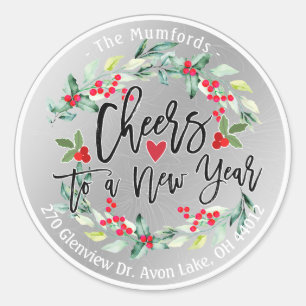 Cheers to New Year Merry Christmas Floral Address Classic Round Sticker