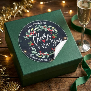 Cheers to New Year Merry Christmas Floral Address Classic Round Sticker