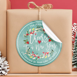 Cheers to New Year Merry Christmas Floral Address Classic Round Sticker