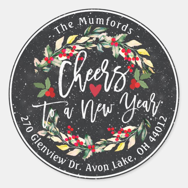 Cheers to New Year Merry Christmas Floral Address Classic Round Sticker (Front)