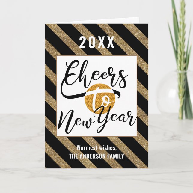 Cheers To New Year Modern Script Festive Gold Chic Holiday Card (Front)