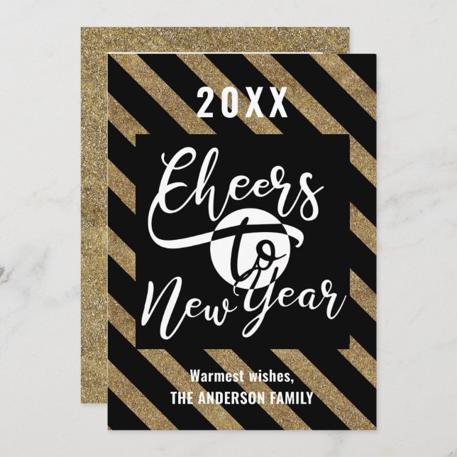 Cheers To New Year Modern Script Gold Black Photo Holiday Card (Front/Back)