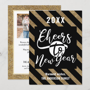 Cheers To New Year Modern Script Gold Black Photo Holiday Card
