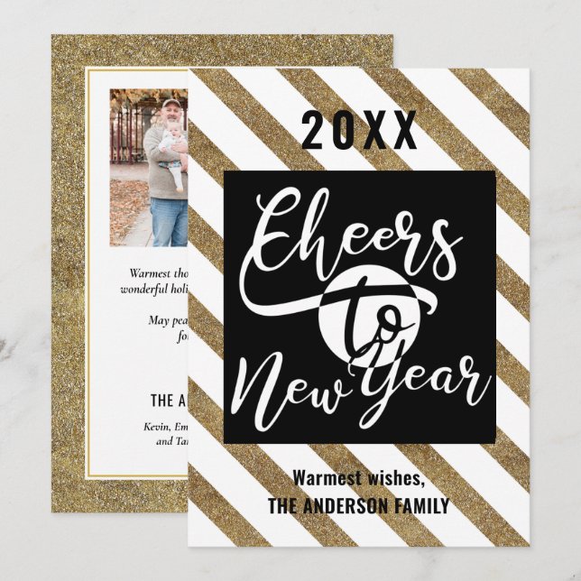 Cheers To New Year Modern Script Gold Black Photo Holiday Card (Front/Back)
