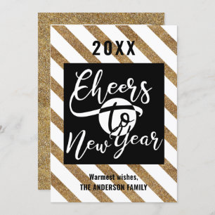 Cheers To New Year Modern Script Gold Black Photo Holiday Card