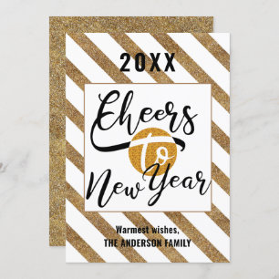 Cheers To New Year Modern Script Gold Black Stripe Holiday Card