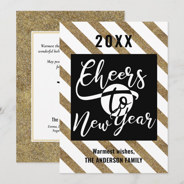 Cheers To New Year Modern Script Gold Black Stripe Holiday Card (Front/Back)