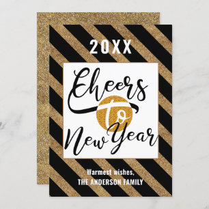 Cheers To New Year Modern Script Gold Black Stripe Holiday Card