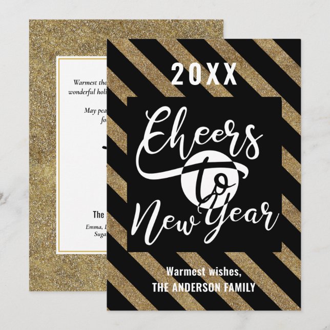 Cheers To New Year Modern Script Gold Black Stripe Holiday Card (Front/Back)