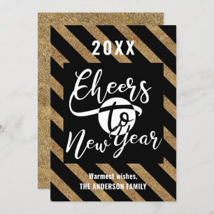 Cheers To New Year Modern Script Gold Black Stripe Holiday Card