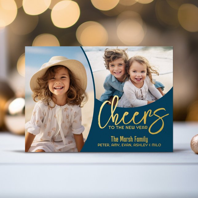 Cheers to New Year Moody Blue - Photo - Botanical Foil Holiday Card (Oh What Fun! Boho botanical with big script greeting and 2 photos for this Holiday Greeting card.)