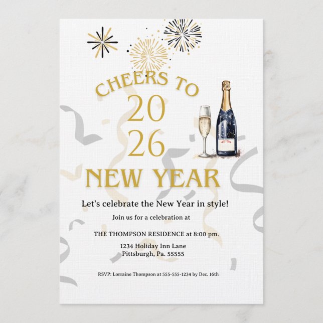 Cheers to New Year Party Gold Invitation (Front)