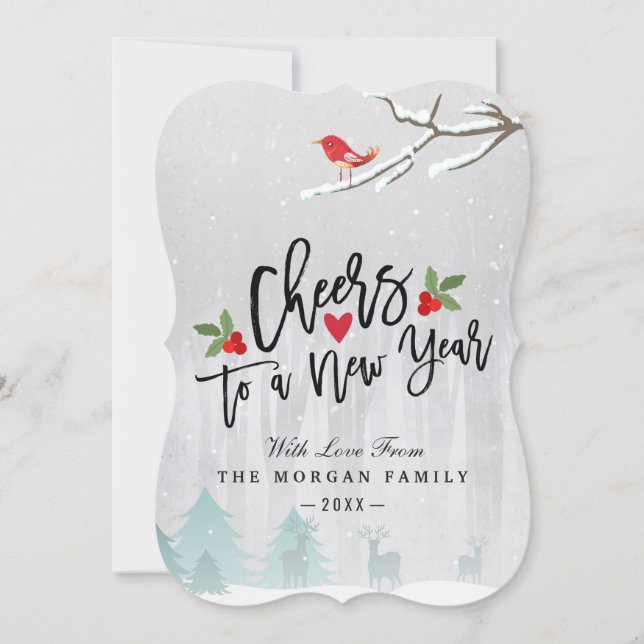 Cheers to New Year Script Winter Snow Scene Photo Holiday Card (Front)